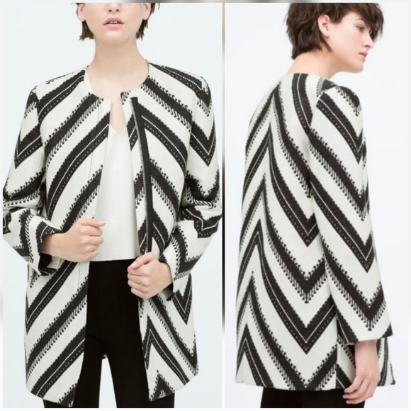 ZARA Women, New, Wool Blend Black White Pattern Longline Coat, Size Small - Picture 1 of 15